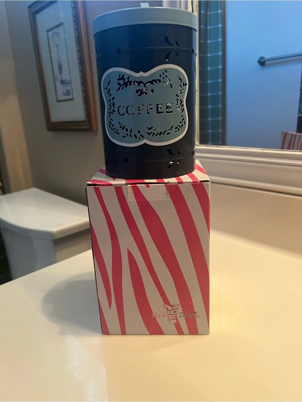 Pink Zebra Gray and Light Blue Coffee Canister